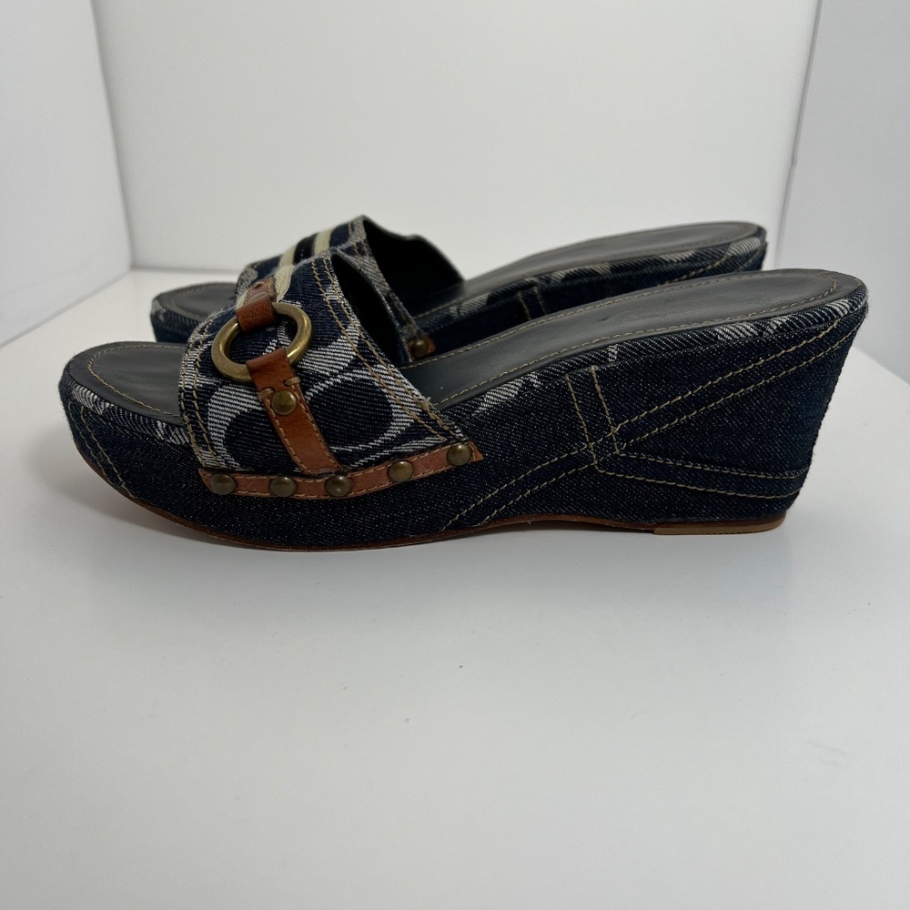 Coach Navy Signature Denim Slide Wedge Sandal Size 8.5 - Picture 6 of 10